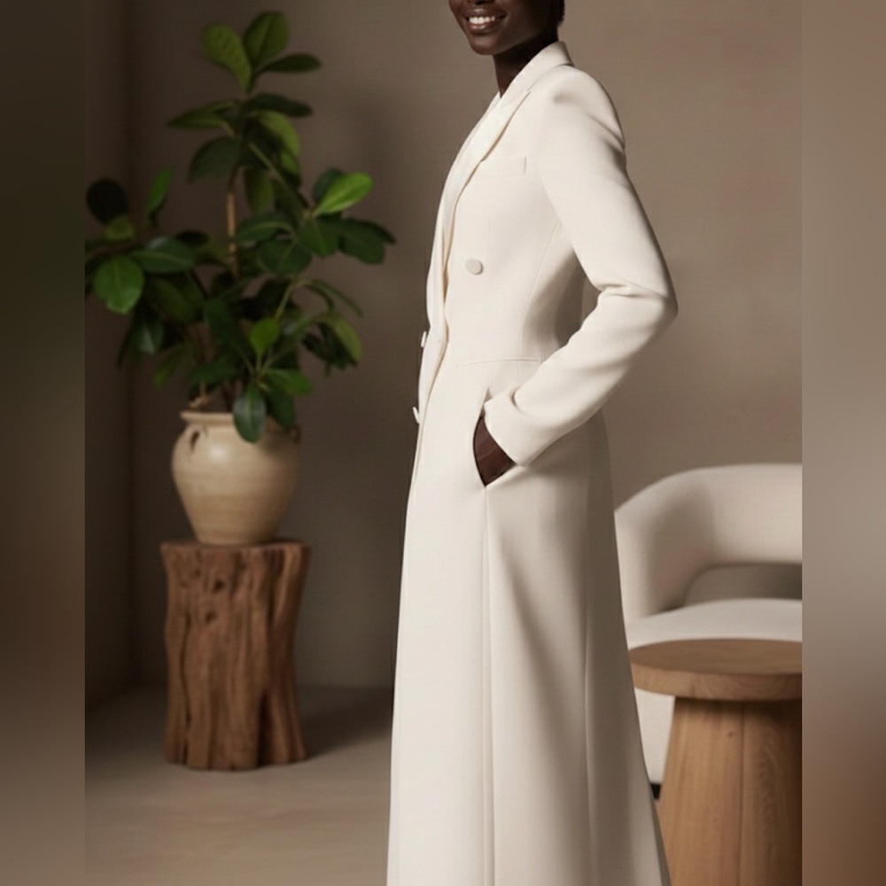 NEW $128 Ellenor Long Elegant Cream Double-Breasted Long Blazer - Picture 3 of 6